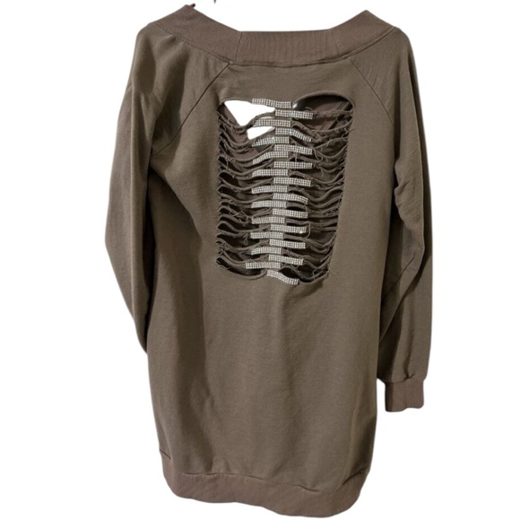 Sydney Tunic Top Large Taupe Jewel Rhinestone Shredded Back Long Sleeve Pockets - Picture 2 of 4